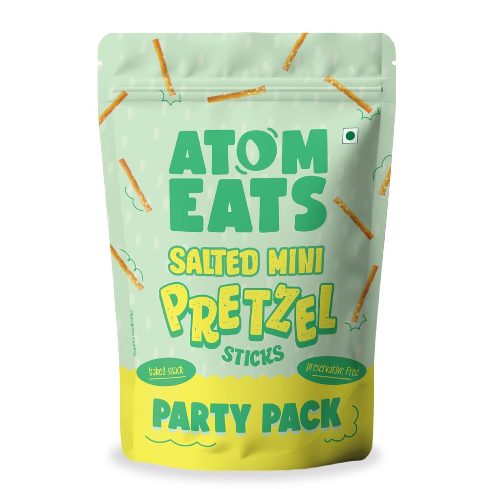 Atom Eats | Salted Pretzel Mini Sticks Party Pack - 200 g (Pack of 1) |100% Baked | Crunchy Namkeen Snacks, Perfect Party Food, On-the-Way, Dipping & Snack Box | Delicious & Imported Quality