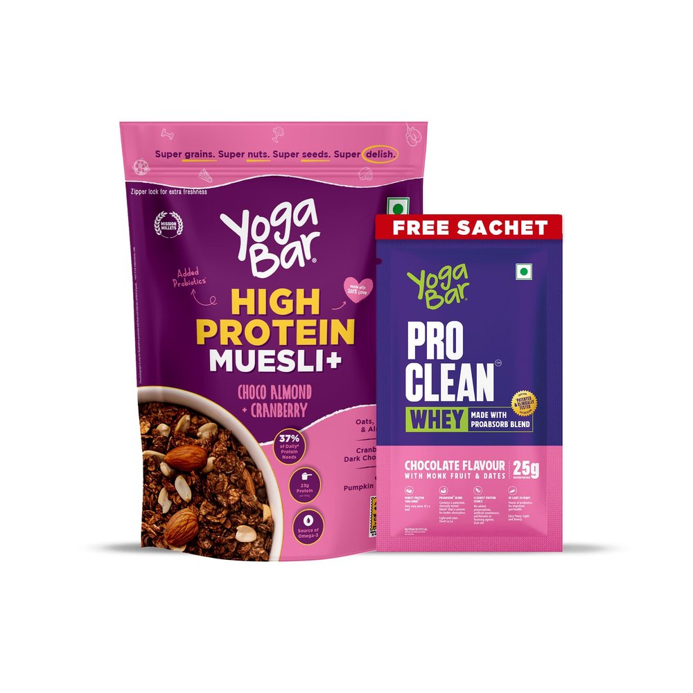 Yogabar High Protein Muesli Plus, Choco Almond and Cranberry 850g Pack with Pro Clean Whey 35g Pack