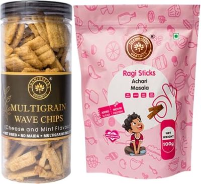 Dhanigreens Organics Snacks 250gm (Multigrain Chips Chees & Mint Flavour 150g + Sweet Ragi Sticks Achari Masala 100g) | Natural Ingredients Snacks | Gluten-Free, Cholesterol Free, Transfat Free