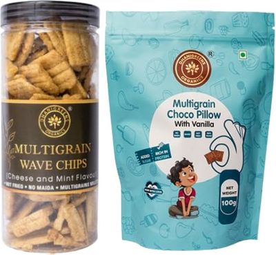 Dhanigreens Organics Snacks 250gm (Multigrain Chips Chees & Mint Flavour 150g + Sweet Multigrain Choco Pillow with Vanilla 100g)| Natural Ingredients Snacks | Gluten & Cholesterol Free, Transfat Free