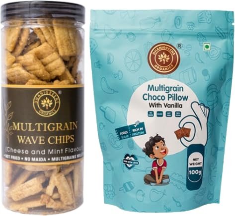 Dhanigreens Organics Snacks 250gm (Multigrain Chips Chees & Mint Flavour 150g + Sweet Multigrain Choco Pillow with Vanilla 100g)| Natural Ingredients Snacks | Gluten & Cholesterol Free, Transfat Free