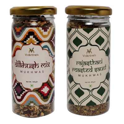 VedaMrath Mukhwas Dil Kush Mix Mouth Freshener Dilbahar Mix 140 grams ||VedaMrath Mukhwas Rajasthani Roasted Sauf Mouth Freshener 80 grams | Saunf Mixture Mukhwas (Pack of 2)