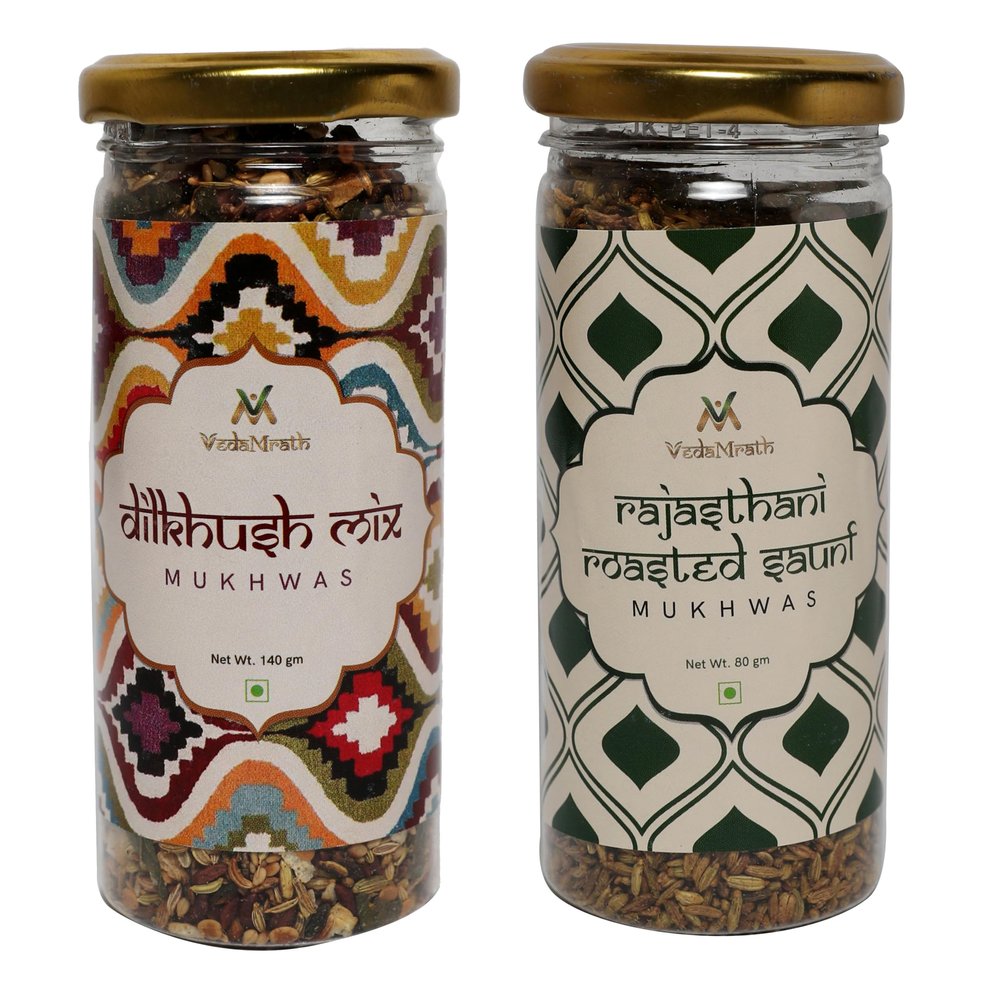 VedaMrath Mukhwas Dil Kush Mix Mouth Freshener Dilbahar Mix 140 grams ||VedaMrath Mukhwas Rajasthani Roasted Sauf Mouth Freshener 80 grams | Saunf Mixture Mukhwas (Pack of 2)