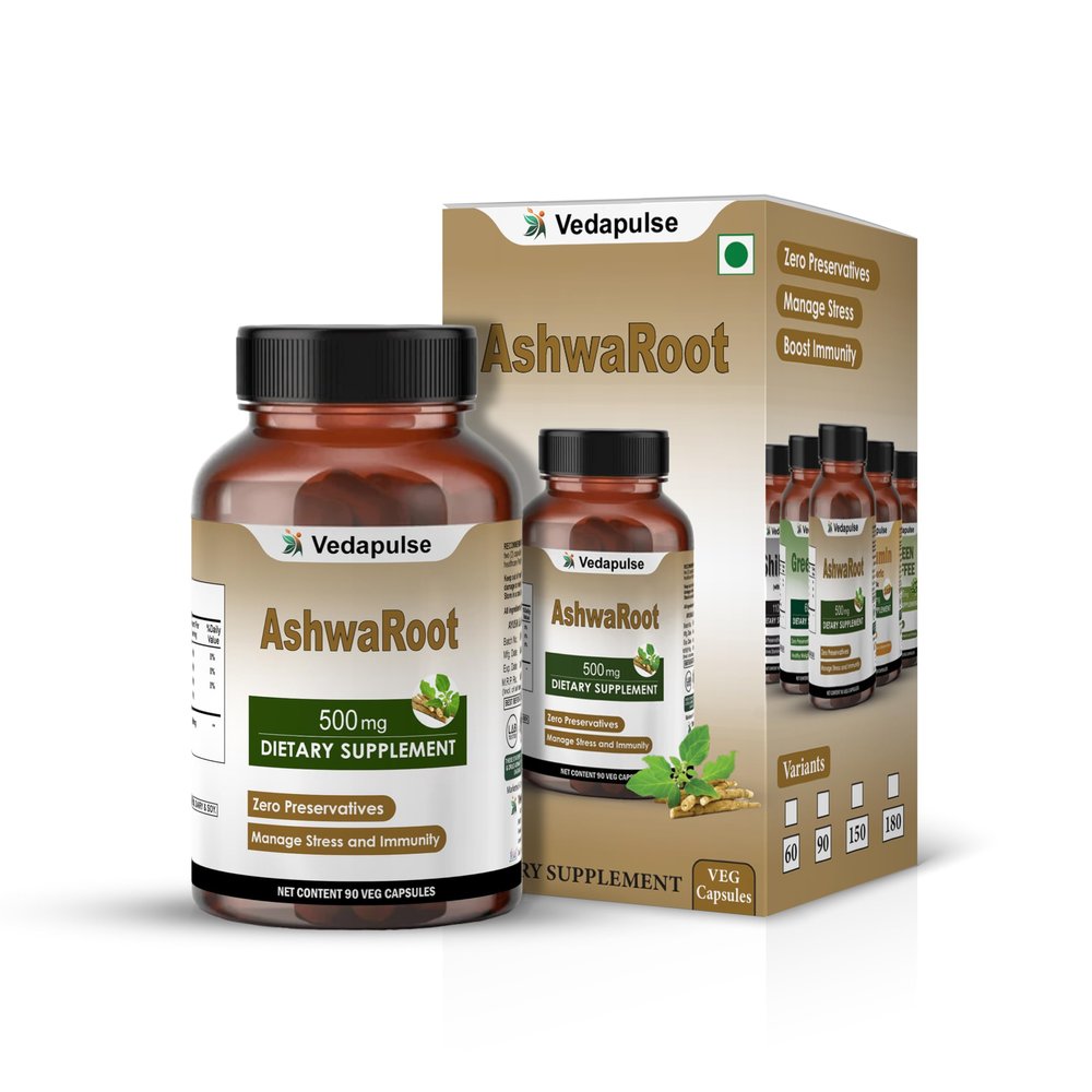 Vedapulse AshwaRoot 500mg - Pure Ashwagandha Extract for General Wellness - 100% Pure & Natural - 90 Veg Capsules