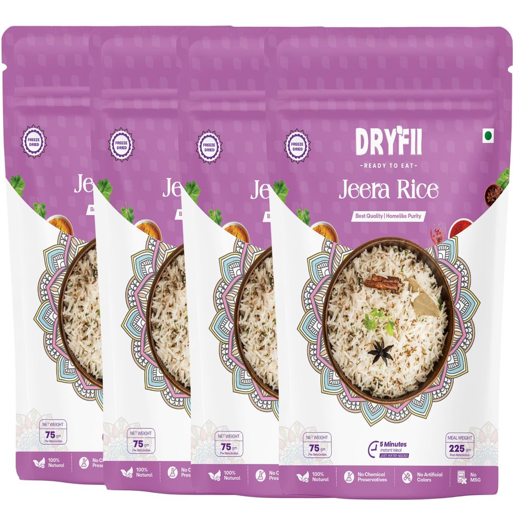 Dryfii Ready-to-Eat Instant Jain Jeera Rice | Pure Veg | Freeze Dried | Rehydrated Weight 900 g (pack of 4)