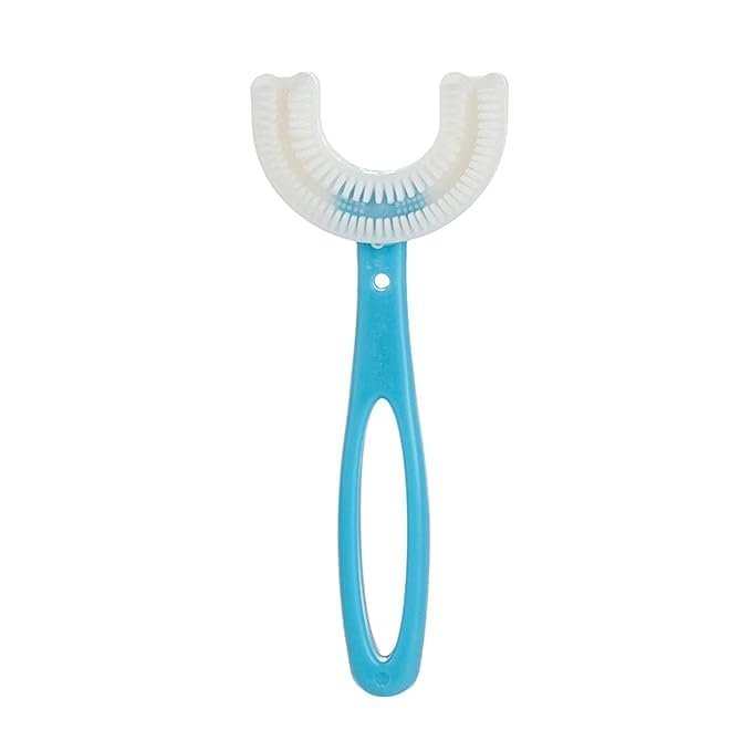 APAYA 360 U-Shaped Children's Toothbrush, Soft Silicone Head, 12.5 cm Length, Food Grade Soft Silicone Brush Head Sky Blue Pack of 2