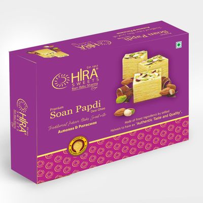 HIRA SWEETS Soan Papdi 500g | Delicious, Crispy & Flaky | Made with Almonds & Pistachio | Ready-to-Eat Indian Traditional Mithai | Ideal Gift Box for Sweets Lovers