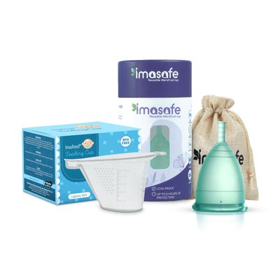 ImaFeed Reusable Baby Feeding Silicone Cup (45ml, Transparent) - Pack of 1 + Imasafe Reusable Menstrual Cup for Women - 100% Medical Grade Silicone, Leak-Free, Odour & Rash-Free, FDA Registered (Aquagreen, Medium)