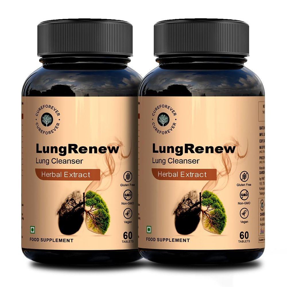 CUREFOREVER LungRenew - Natural Lung Detox Tablets with Quercetin, Grape Seed, Ginger, Echinacea, Licorice Extracts & Zinc Sulphate | Plant-Based Lung Cleanser for Immune Support (60 Count(Pack of 2))