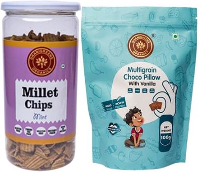 Dhanigreens Organics Snacks 250gm (Millet Chips mint Flavour 150g + Sweet Multigrain Choco Pillow with Vanilla 100g)| Natural Ingredients Snacks | Gluten-Free, Cholesterol & Transfat Free