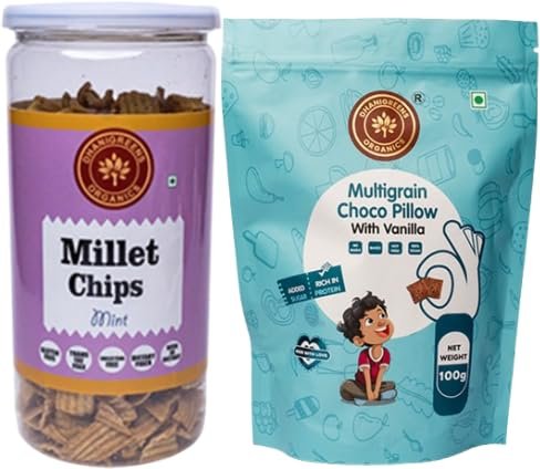 Dhanigreens Organics Snacks 250gm (Millet Chips mint Flavour 150g + Sweet Multigrain Choco Pillow with Vanilla 100g)| Natural Ingredients Snacks | Gluten-Free, Cholesterol & Transfat Free