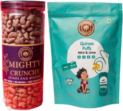 Dhanigreens Organics Snacks 250gm (Choco Star & Moon Snack 150g + Sweet Quinoa Puffs Mint & Lime 100g) | Natural Ingredients Snacks | Gluten-Free, Cholesterol Free, Transfat Free