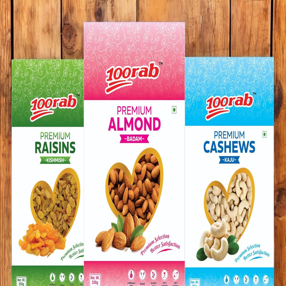 100RAB Premium Dry Fruits Combo | Gift Box | Almonds, Cashews, Raisins | Pack of 3 (Combo of 250 Gm, Raisin, Almond, Cashew)