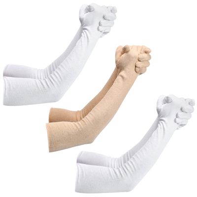 HAUNKY Presents Mens And Womens Hand Protection Long Gloves Sun Protection Gloves Hand Long Gloves Cotton Arm sleeves Summer Gloves For Driving Or Sports (Pack Of 3). (2 White & 1 Skin, Free- Size)