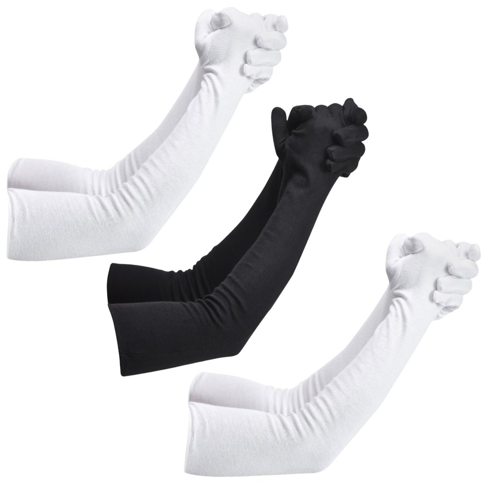 HAUNKY Presents Mens And Womens Hand Protection Long Gloves Sun Protection Gloves Hand Long Gloves Cotton Arm sleeves Summer Gloves For Driving Or Sports (Pack Of 3). (2 White & 1 Black, Free- Size)