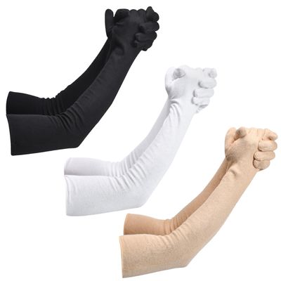 HAUNKY Presents Mens And Womens Hand Protection Long Gloves Sun Protection Gloves Hand Long Gloves Cotton Arm sleeves Summer Gloves For Driving Or Sports (Pack Of 3). (Black, Skin & White, Free- Size)