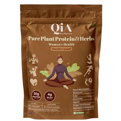 Qia Wellness Plant Protein & Herbs | Women Health | 20g Protein | Pea&Rice, Shatavri, Tulsi, Curcumin, Vit C, B12, Folate|No Sugar/Preservatives/Artificial Flavors|4g BCAA|Chocolate Caramel-1080Gm