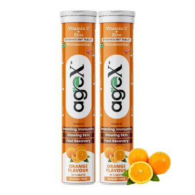 AgeX Vitamin C+Zinc Effervescent Tablets | Natural Amla Extract 1000mg + Vit C 80mg + Zinc 10mg | Immunity Booster for Skin, Hair & Nails | Supports Collagen Production |Orange Flavour | Sugar-Free | 40 Effervescent Tablets (Pack of 2)