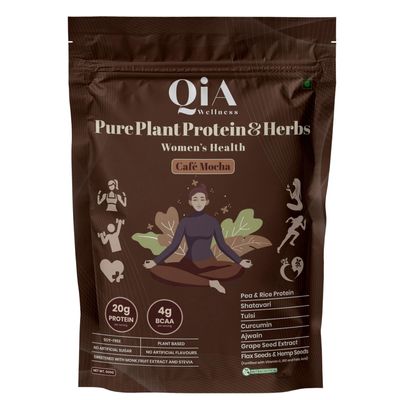 Qia Wellness Plant Protein for Women 20g Protein with Shatavari, Tulsi, Curcumin, Vitamin C, B12, Folate | Pea & Rice | No Sugar, No Preservatives | 4g BCAA | Cafe Mocha | 1.02kg
