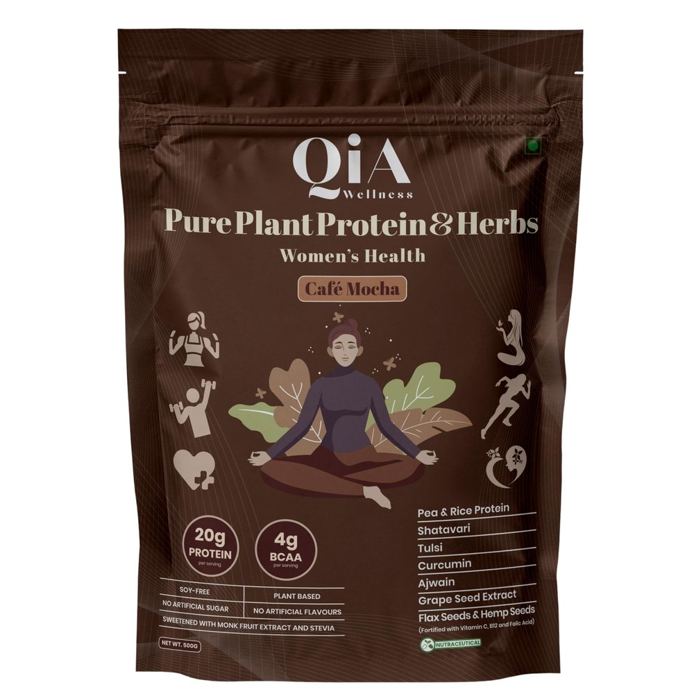 Qia Wellness Plant Protein for Women 20g Protein with Shatavari, Tulsi, Curcumin, Vitamin C, B12, Folate | Pea & Rice | No Sugar, No Preservatives | 4g BCAA | Cafe Mocha | 1.02kg