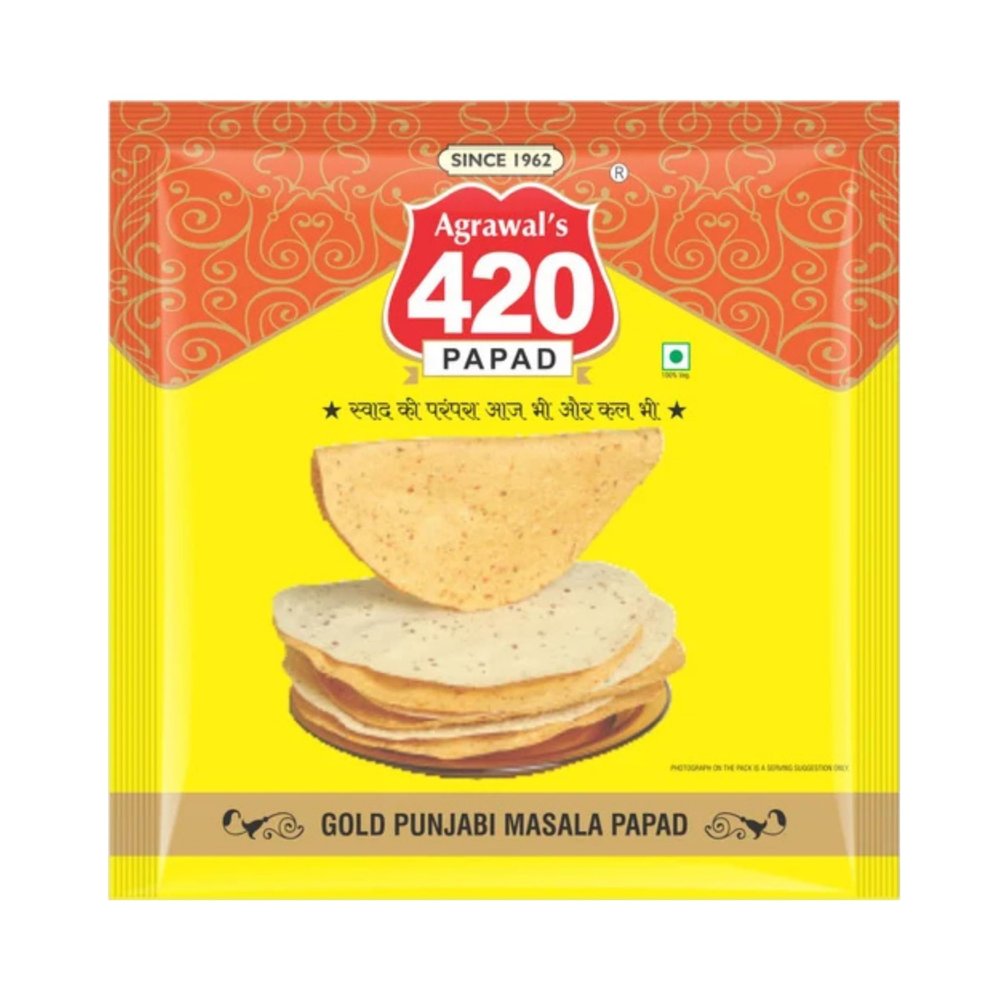 Agrawal's 420 Gold Punjabi Masala Papad | 100% Vegetarian, No Artificial Colors | Crispy & Crunchy Side for Meals & Snacks Pack of 1, 200g