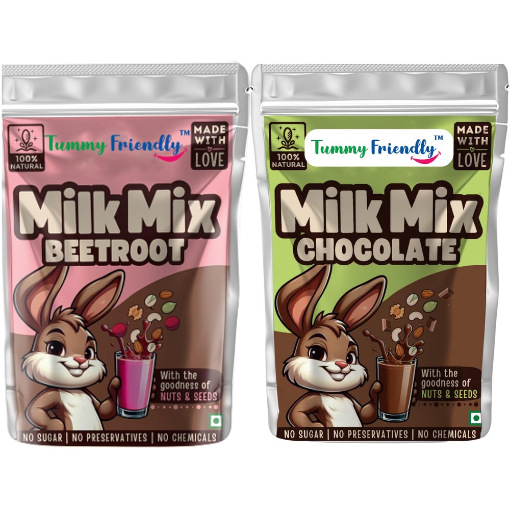 Tummy Friendly Chocolate Milk Mix & Beetroot Milk Mix for kids. Made of organic nuts, seeds, jaggery, premium cocoa powder and Beetroot Powder. Healthy milk mix for 1-year-old baby, toddlers, 2 year, 3 year old baby, and elder kids. Health Drink Mix 