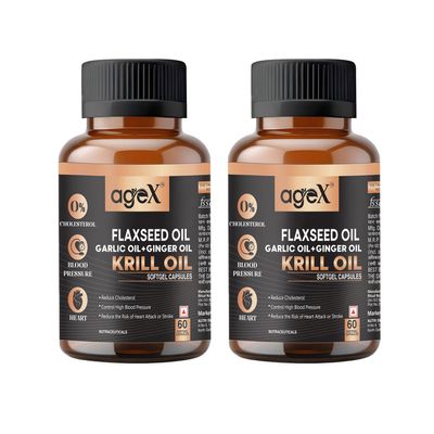 AgeX Flex Power Capsules: Flaxseed, Garlic, Ginger & Krill Oil - 120 Softgel Capsules | Nutritional Powerhouse for Vitality, Immunity, and Heart Health (Pack of 2)