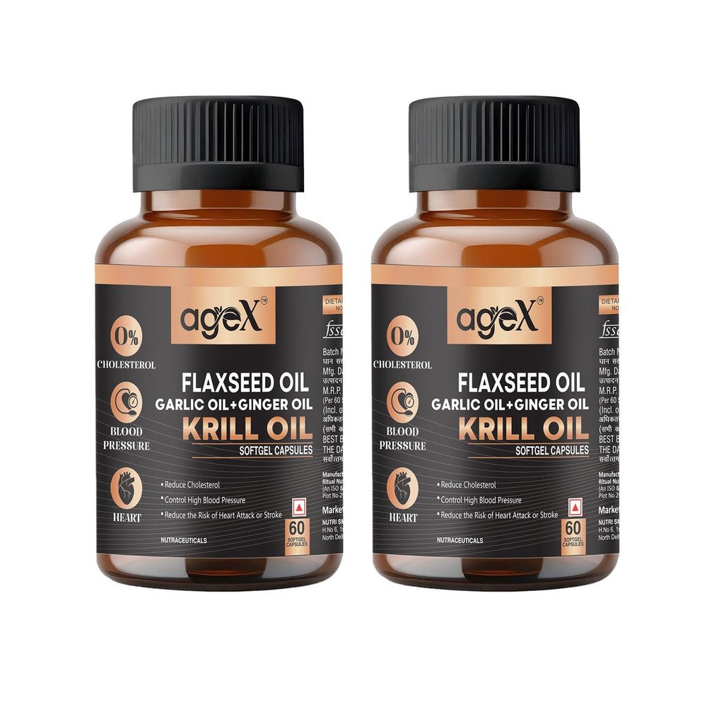 AgeX Flex Power Capsules: Flaxseed, Garlic, Ginger & Krill Oil - 120 Softgel Capsules | Nutritional Powerhouse for Vitality, Immunity, and Heart Health (Pack of 2)