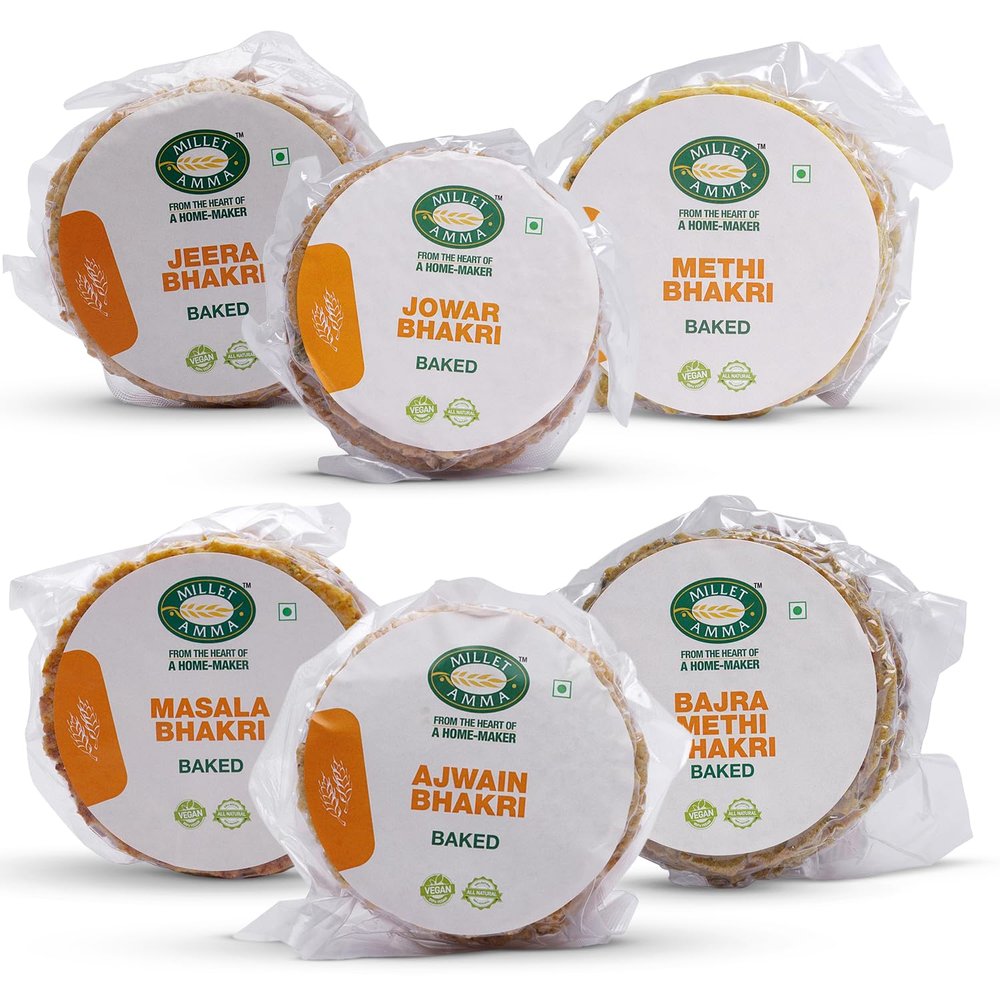 Millet Amma Baked Bhakhri - 180g Each (Pack of 6) | Healthy Gujarati Snack | Crispy & Baked Crackers | No Added Preservatives | Vegan | High-Fiber Tea-Time Snack | Ready to Eat