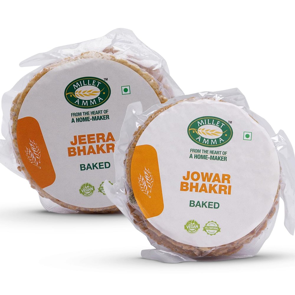 Millet Amma Baked Bhakhri Combo Pack - Jeera and Jowar, Healthy Gujarati Snacks, Ready to Eat, Crispy and Baked, Perfect for Tea-Time, Parties and Events, No Maida, No Preservatives, Pack of 2 (Each 180g)