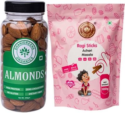 Dhanigreens Organics Snacks 340gm (Almonds 240g + Sweet Ragi Sticks Achari Masala 100g) | Natural Ingredients Snacks | Gluten-Free, Cholesterol Free, Transfat Free, Lightly Seasoned