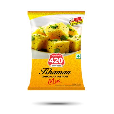 Agrawal's 420 Instant Khaman Mix | Authentic Gujarati Dhokla in 10 Minutes | Chana Dal Flour Based Soft & Spongy Snack | Pack of 1, 500G