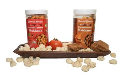 Bhawani Bhawya Roasted & Flavoured Makhana, Caramelized & Cheesy Tomato Makhana |Crispy & Crunchy| Gluten-Free| Superfood | Nutrient Rich| Trans-Fat Free| Pack of 2 (80gm Each)