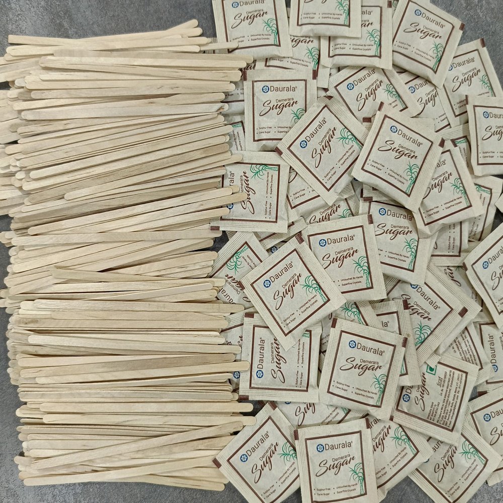 Daurala Sugar Sachets With Coffee Stir Sticks Wood Stirrers Combo | Daurala Demerara Sugar (200pcs) Stir Stick (200pcs)