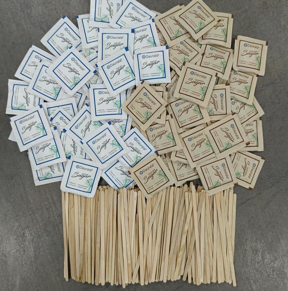 Daurala Refined Sugar & Demerara Sugar Combo With Coffee Stir Sticks Wood Stirrers Combo | Daurala Sugar (200pcs), Daurala Demerara Sugar (200pcs), Stirrer Stick (200pcs)