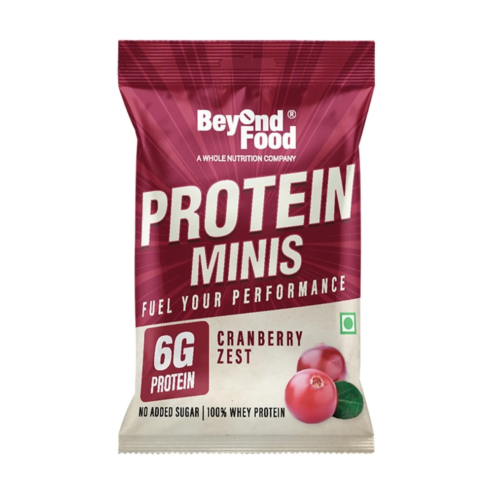 Beyond Food Protein Minis, 6g Protein  Cranberry Zest Flavour & Pack of 9-100% Whey Protein with No Added Sugar - Healthy Energy Snacks  Ideal for Gym, Workout, Office, Travel & Muscle Support