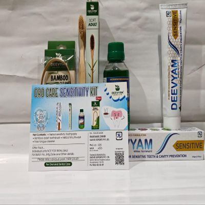 Deevyam Oro Care Sensitivity Kit with Herbal Toothpaste I Herbal Mouthwash I Free Bamboo Tongue Cleaner I Bamboo Adult Toothbrush I LDPE Pouch I Pack of 4 Combo