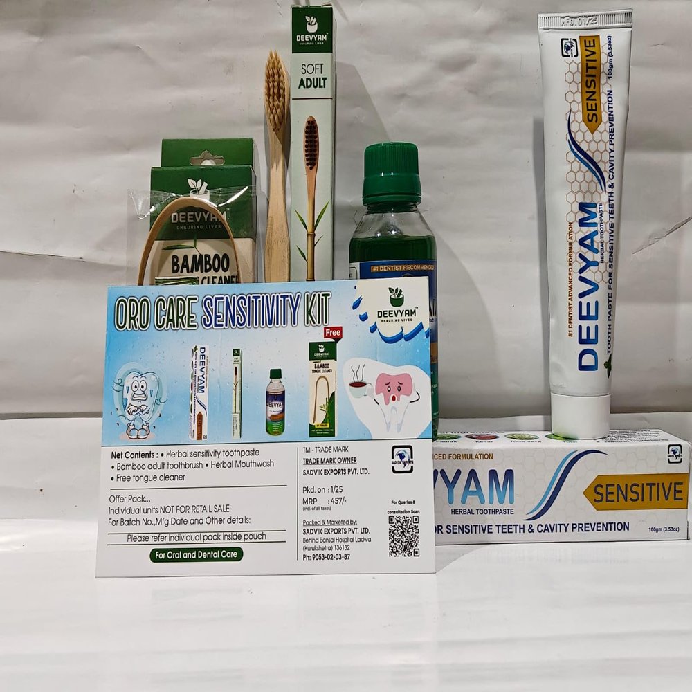 Deevyam Oro Care Sensitivity Kit with Herbal Toothpaste I Herbal Mouthwash I Free Bamboo Tongue Cleaner I Bamboo Adult Toothbrush I LDPE Pouch I Pack of 4 Combo