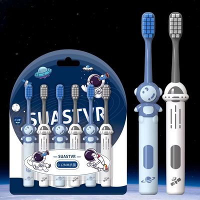 9UP 6Pcs Set Soft Bristle Toothbrush For Kids | Astronaut Theme Toothbrush For Children | Extra Soft Toothbrush For Tongue Cleaning and Gum Protection (Blue & White, Standard)
