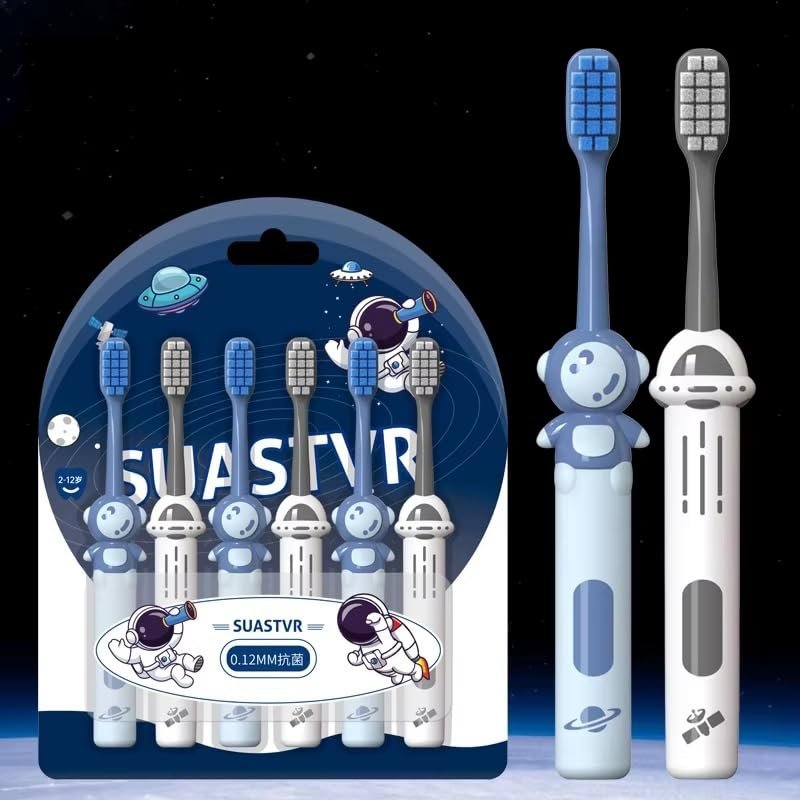 9UP 6Pcs Set Soft Bristle Toothbrush For Kids | Astronaut Theme Toothbrush For Children | Extra Soft Toothbrush For Tongue Cleaning and Gum Protection (Blue & White, Standard)