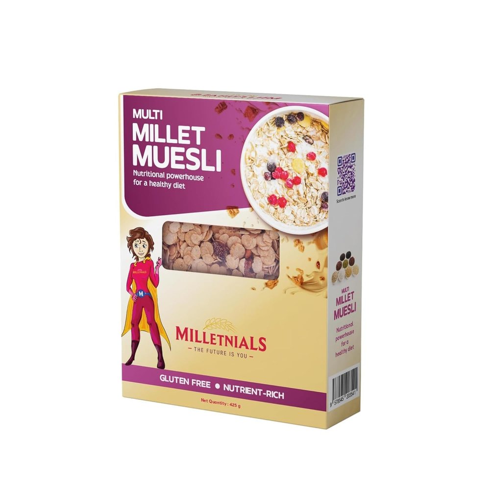 MILLETNIALS ShreeJayy Multi Millet Muesli  425g (Pack of 2) | Gluten-Free, High-Fiber Breakfast Cereal | 100% Vegan, Zero Maida, No Atta, No Preservatives | Nutritious & Ready-to-Eat