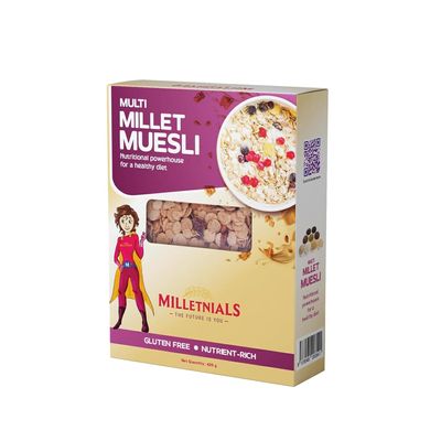MILLETNIALS ShreeJayy Multi Millet Muesli  425g (Pack of 3) | Gluten-Free, High-Fiber Breakfast Cereal | 100% Vegan, Zero Maida, No Atta, No Preservatives | Nutritious & Ready-to-Eat