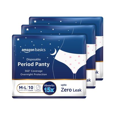 Amazon Basics Disposable Period Panties For Girls & Women | M-L | 30 Count (10 x Pack of 3) | 360 Coverage | Upto 8 Hours of Protection | Leak Proof | Overnight Protection | Period Panty