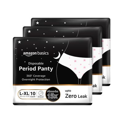 Amazon Basics Disposable Period Panties For Girls & Women| L-XL | 30 Count (10 x Pack of 3) | 360 Coverage | Upto 8 Hours of Protection | Leak Proof | Overnight Protection | Period Panty