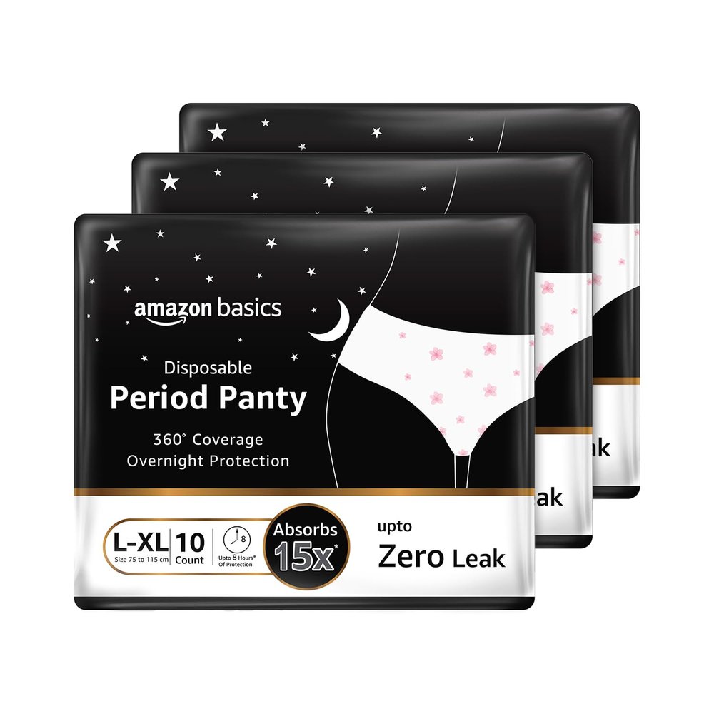 Amazon Basics Disposable Period Panties For Girls & Women| L-XL | 30 Count (10 x Pack of 3) | 360 Coverage | Upto 8 Hours of Protection | Leak Proof | Overnight Protection | Period Panty