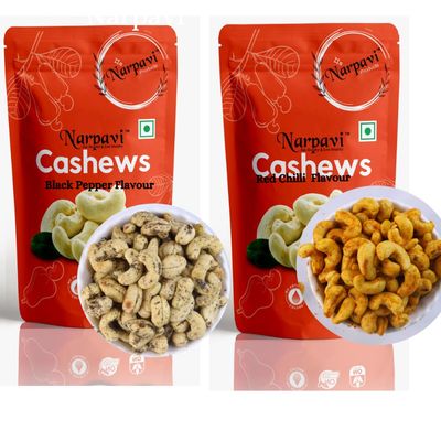 1 kg - 1200 Rs Narpavi presents Premium Ghee Roasted Red Cilli & Black Pepper Flavored Cahsews, whole cashews, expertly selected for crisp crunch and rich protein content, offering gluten-free |Flavored | Package-500 gram Pepper Flavor & 500 Gram Chi