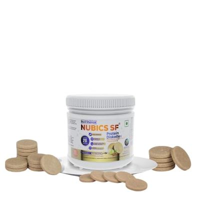 Jubilant Nutrihance Nubics SF Diskettes Healthy Snacks for Men and Women - 250 gm, High Protein (34%), Whey protein, casein with PDCAAS-1 Diskette, Essential Vitamins, Minerals, Prebiotic (FOS), Amla and Ashwagandha - Vanilla Flavor | 100% Veg