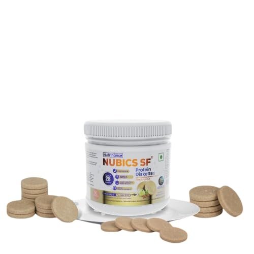 Jubilant Nutrihance Nubics SF Diskettes Healthy Snacks for Men and Women - 250 gm, High Protein (34%), Whey protein, casein with PDCAAS-1 Diskette, Essential Vitamins, Minerals, Prebiotic (FOS), Amla and Ashwagandha - Vanilla Flavor | 100% Veg