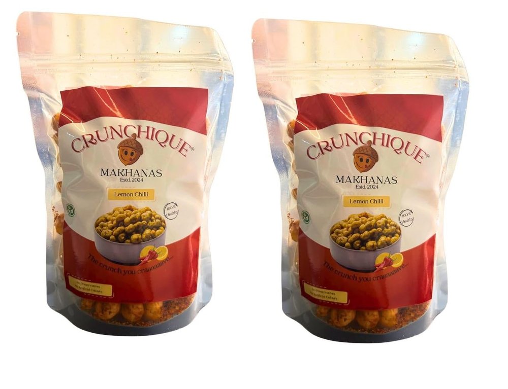 Crunchique Ghee-Roasted Lemon Chilli Roasted Makhana | Tangy & Spicy Snack | Rich in Antioxidants | Ghee-Roasted | Gluten-Free | Zero Trans Fat | 100g (PACK OF 2)