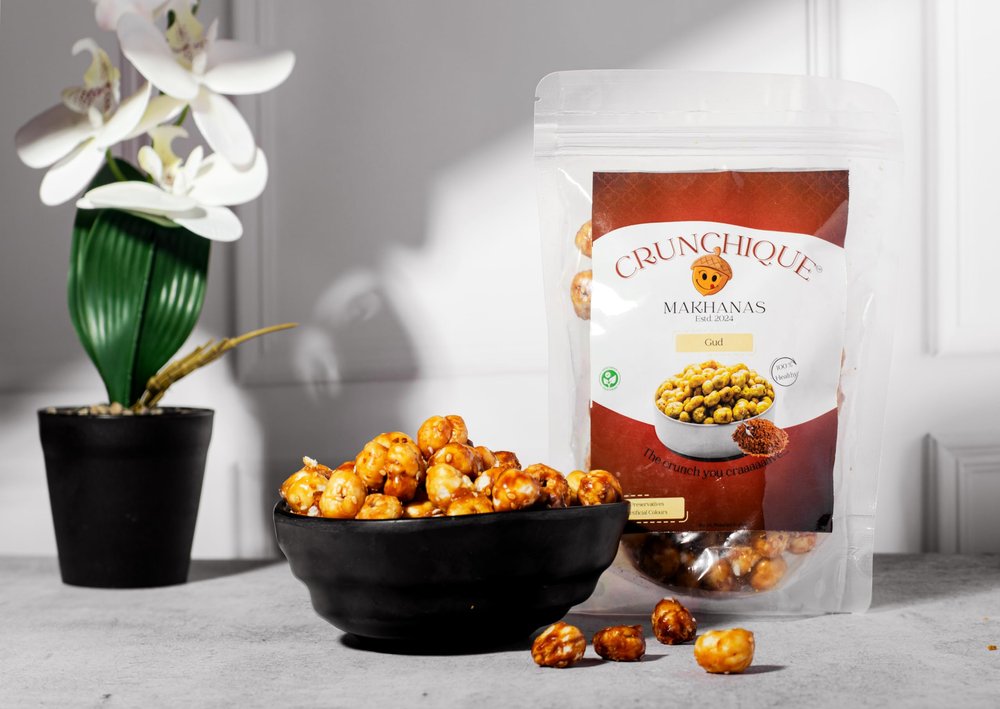 Crunchique Ghee-Roasted Gud Roasted Makhana | Sweet | Rich in Antioxidants | Ghee-Roasted | Gluten-Free | Zero Trans Fat | 100g (PACK OF 2) (Pack of 2)